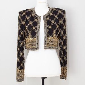 A.J. Bari Women's Vintage Black & Gold Silk & Beaded Cropped Jacket Size Medium